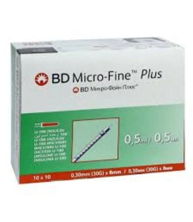 Bd Micro-Fine Plus Demi Insulin Syringe 0.5ml with 30Gx8mm Needle Pack, 100 Pieces